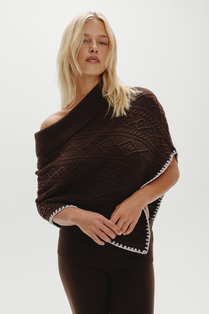 Windswept Cotton Knit Poncho - Chocolate Brown