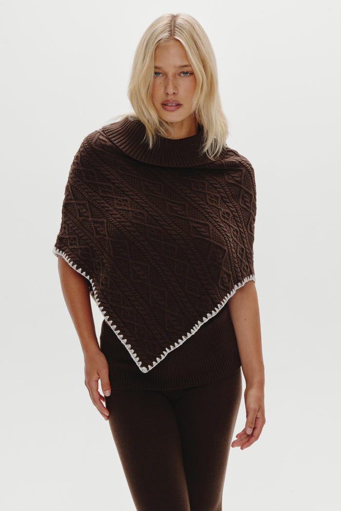 Windswept Cotton Knit Poncho - Chocolate Brown