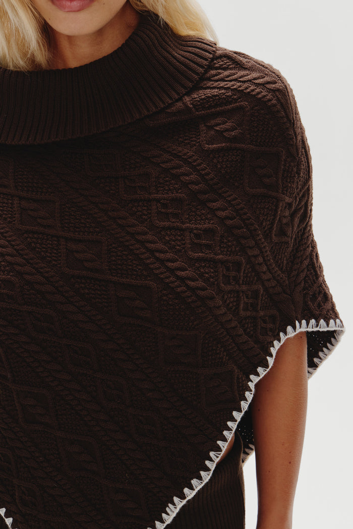 Windswept Cotton Knit Poncho - Chocolate Brown