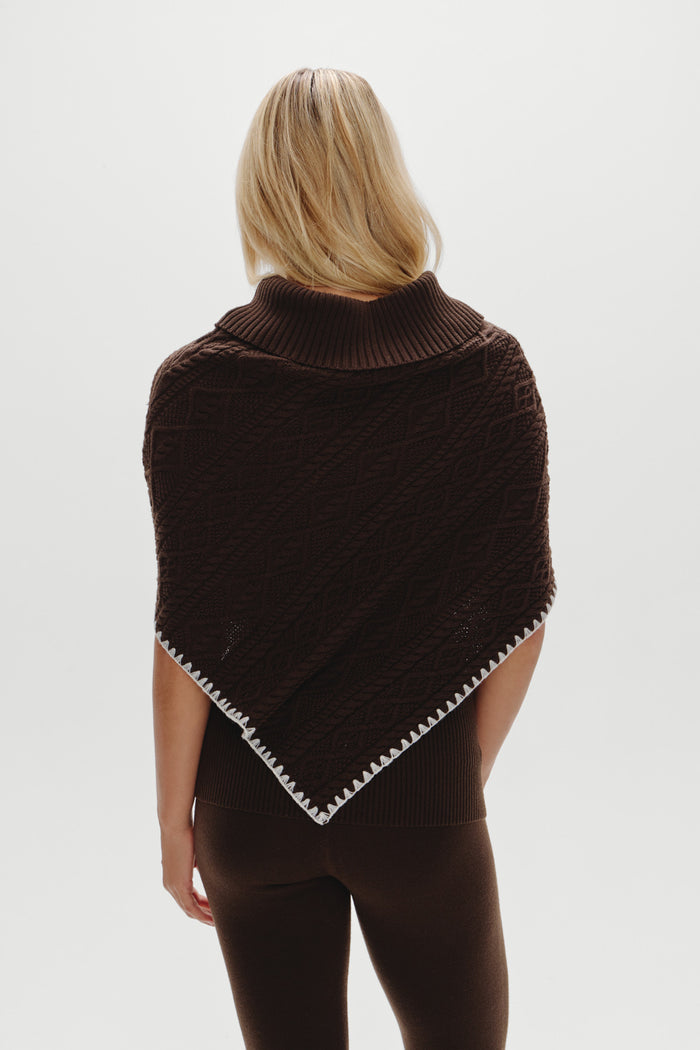 Windswept Cotton Knit Poncho - Chocolate Brown