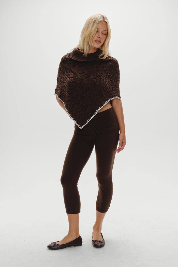 Windswept Cotton Knit Poncho - Chocolate Brown