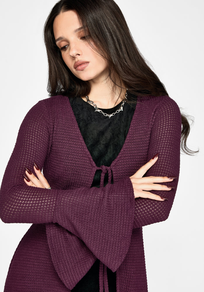 Xana Textured Tie Front Long Cardigan - Purple
