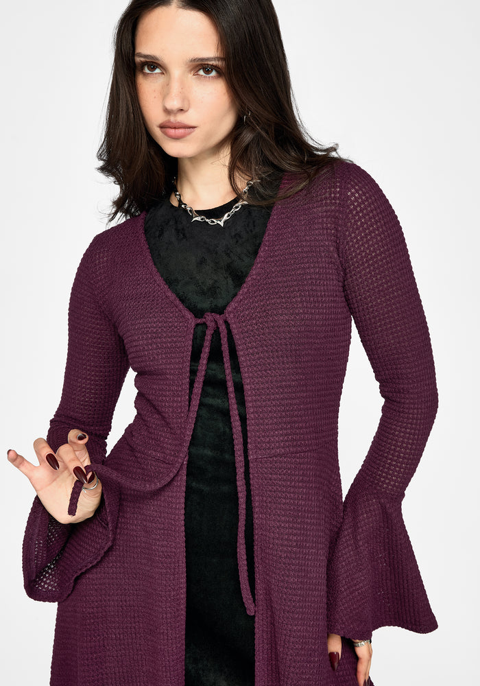 Xana Textured Tie Front Long Cardigan - Purple