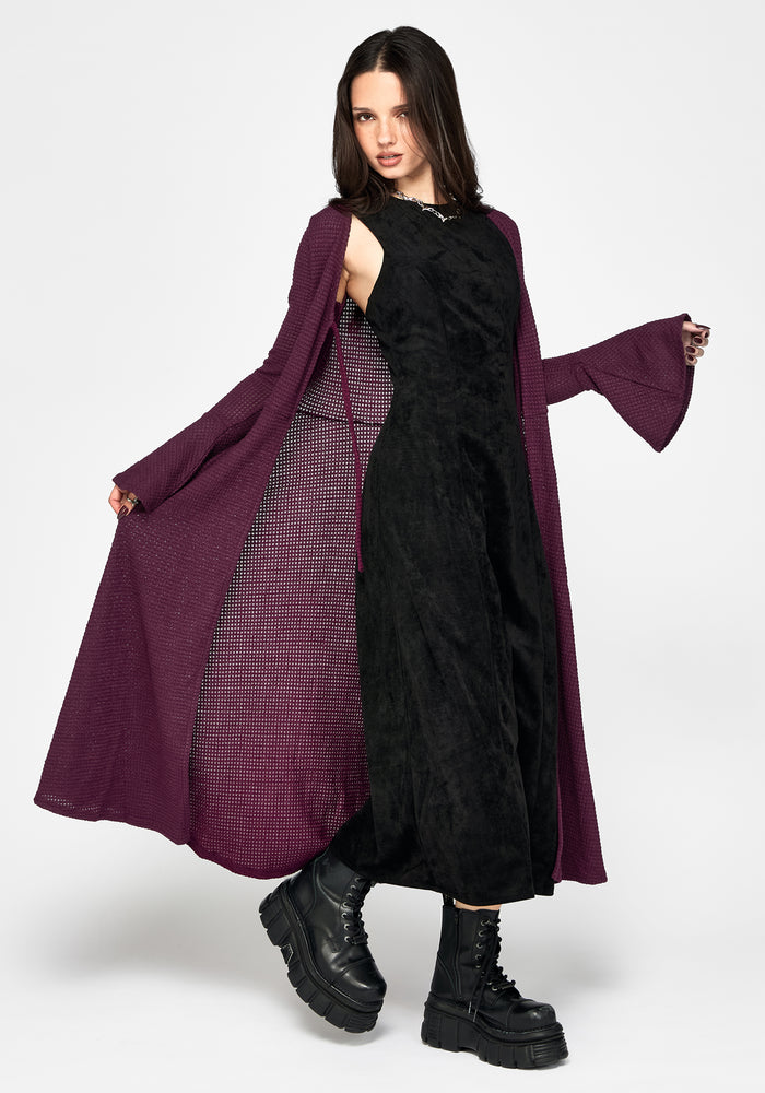 Xana Textured Tie Front Long Cardigan - Purple